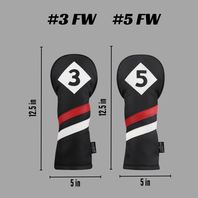 Majek Retro Golf Headcovers Black Red and White Vintage Leather Style 3 & 5 Fairway Wood Head Cover Classic Look - Image 3